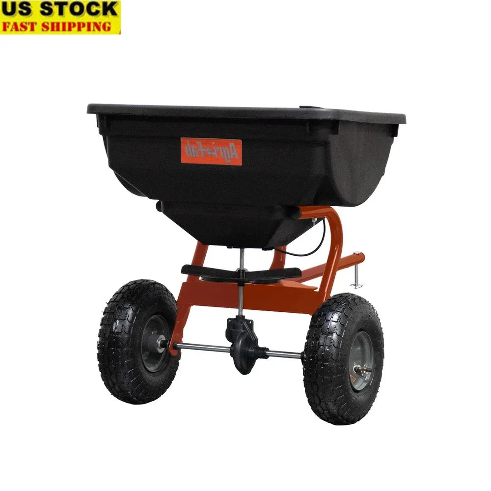 85 lb Tow Broadcast Spreader 10ft Spread Width 10 Inch Pneumatic Tires Cable Flow Control Durable Alloy Steel Portable Lawn