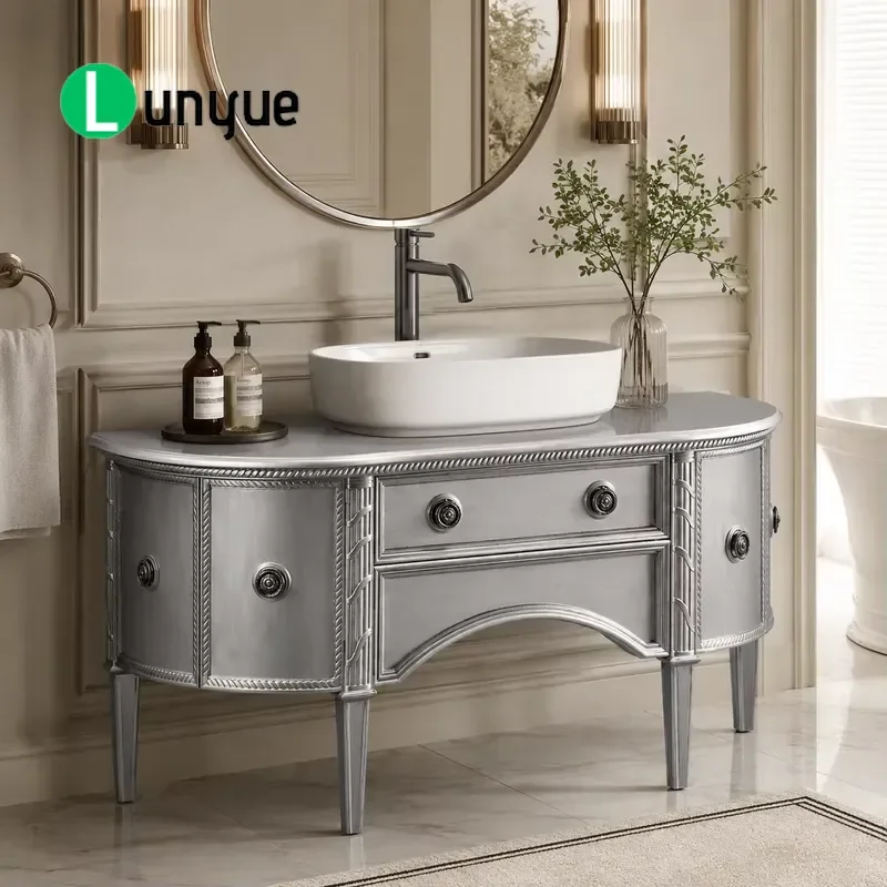 Modern Luxury Silver 47 Inch Half Solid Wood Bathroom Vanity Cabinet with Vessel Sink for Villa Hotel Project