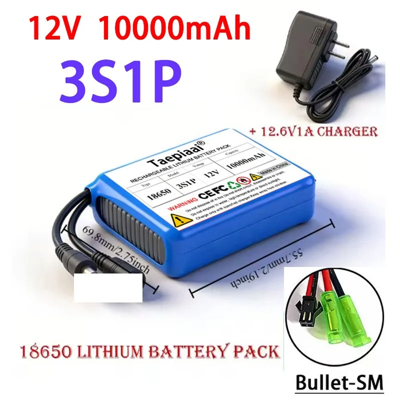 3S1P12V 10000mAh 18650 Lithium Ion Battery Pack with BMS + 12.6V Charger Super Large Capacity Rechargeable 12 Types Connectors