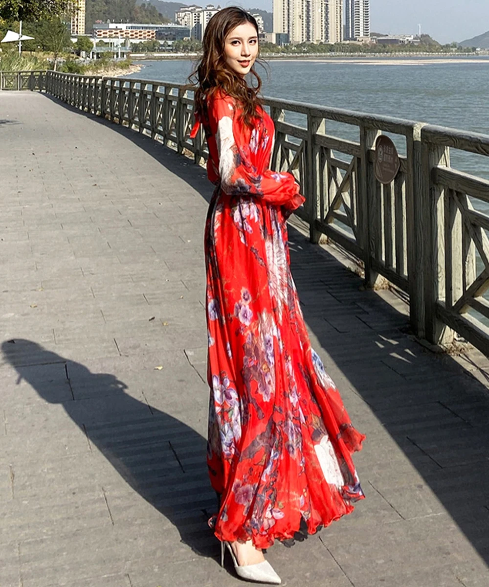 New Fashion Peacock Print Maxi Dress Women Sundress Abaya Dubai Hijab Chiffon Muslim Dresses African Turkey Islam Kaftan Robe