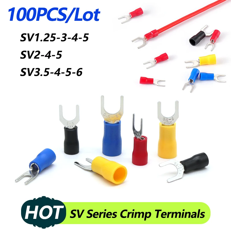 

100Pcs SV Series Crimp Copper Terminals SV1.25 SV2 SV3.5 PVC Insulate Ferrules Block Spade Cold Press Cable End Crimp Connectors