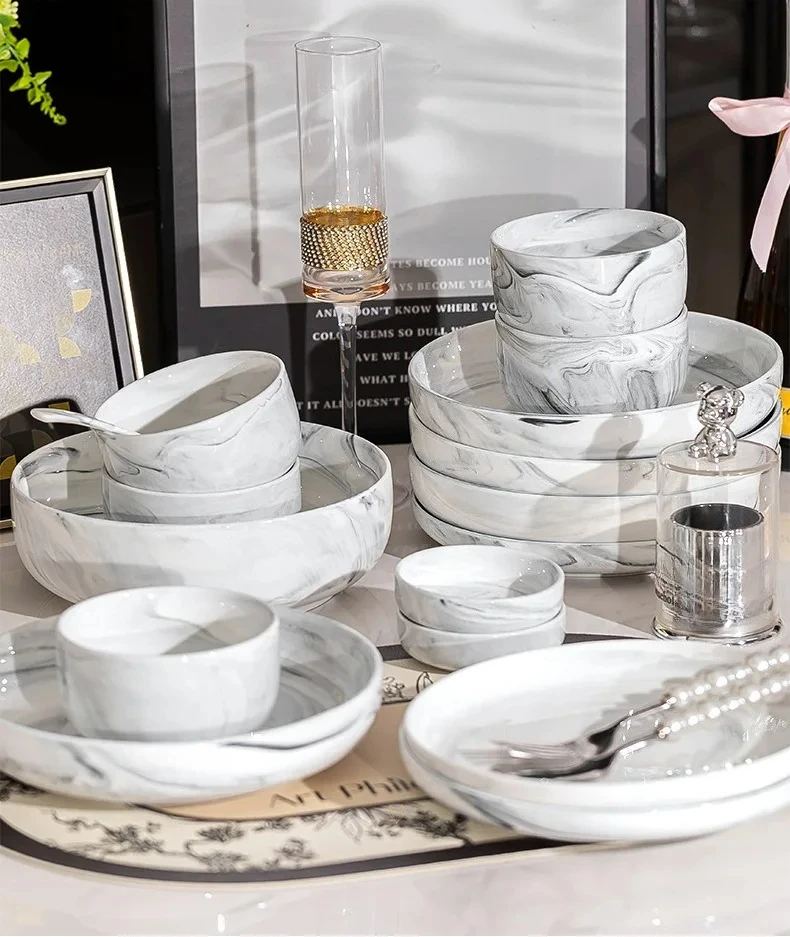 Marble Grey Plates and Bowls  Pieces Porcelain Dinnerware Sets Dishware Sets Chip Resistant Ceramic Dish Set