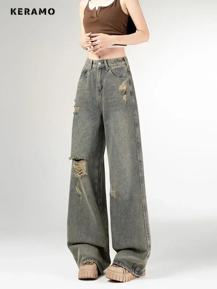 Americano retro rasgado cor sólida grunge rua jean bolsos hip-hop calças largas femininas emo casual y2k lavado denim calças