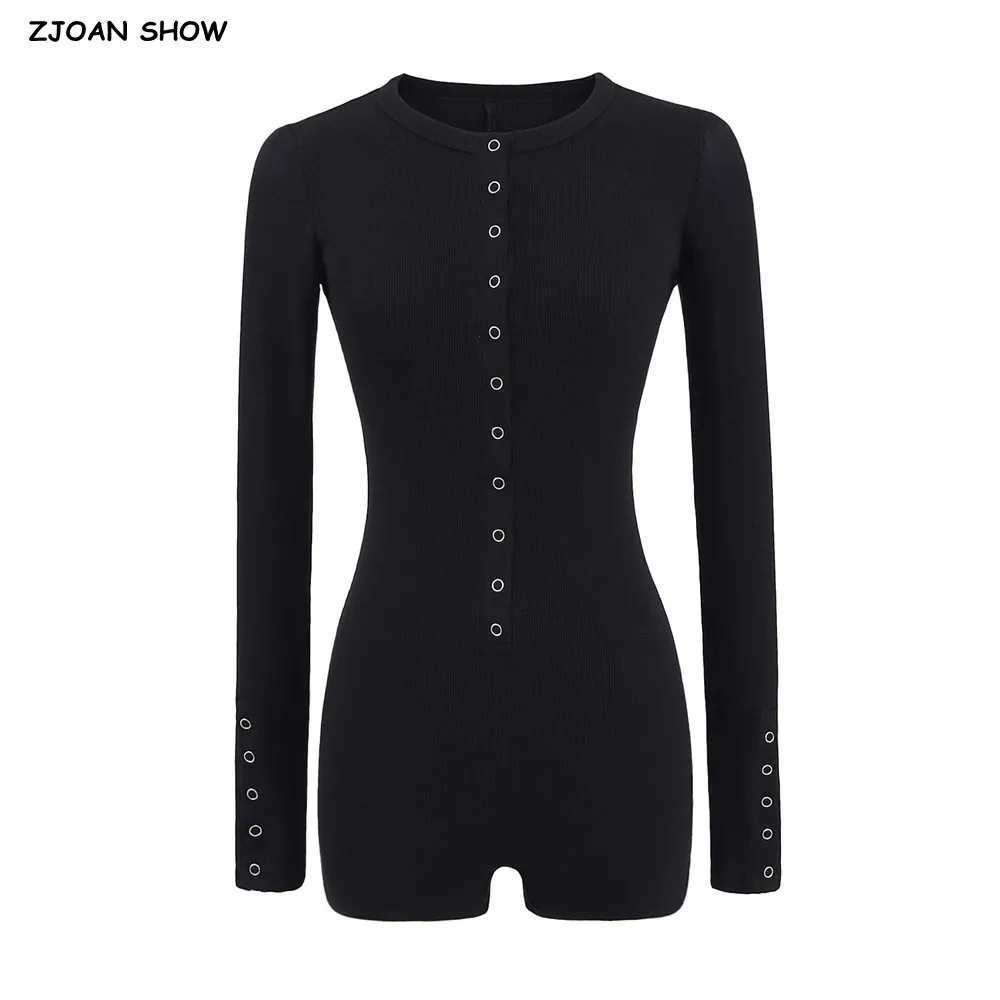 4 colors Y2K Sexy Metal Covered Button O neck Long Sleeve Jersey Bodysuit Woman Tight Short Jumpsuit Slim Fit Rompers Playsuits
