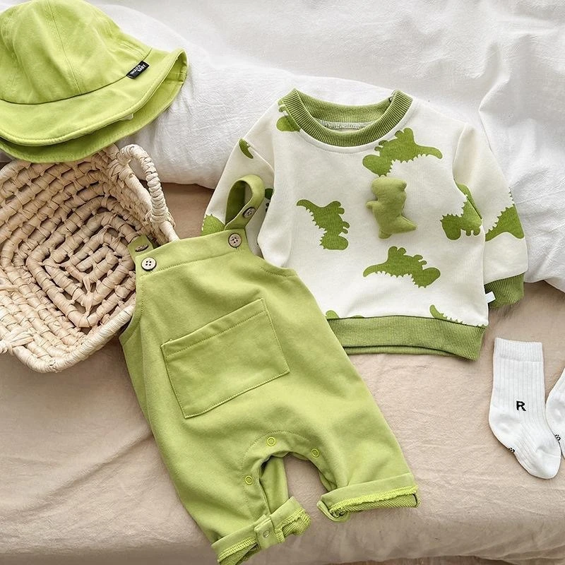 Unisex Baby Spring & Autumn Romper Outfit Infant Cartoon Dinosaur Sweatshirt & Overall Long Sleeved Outdoor Suit for Halloween