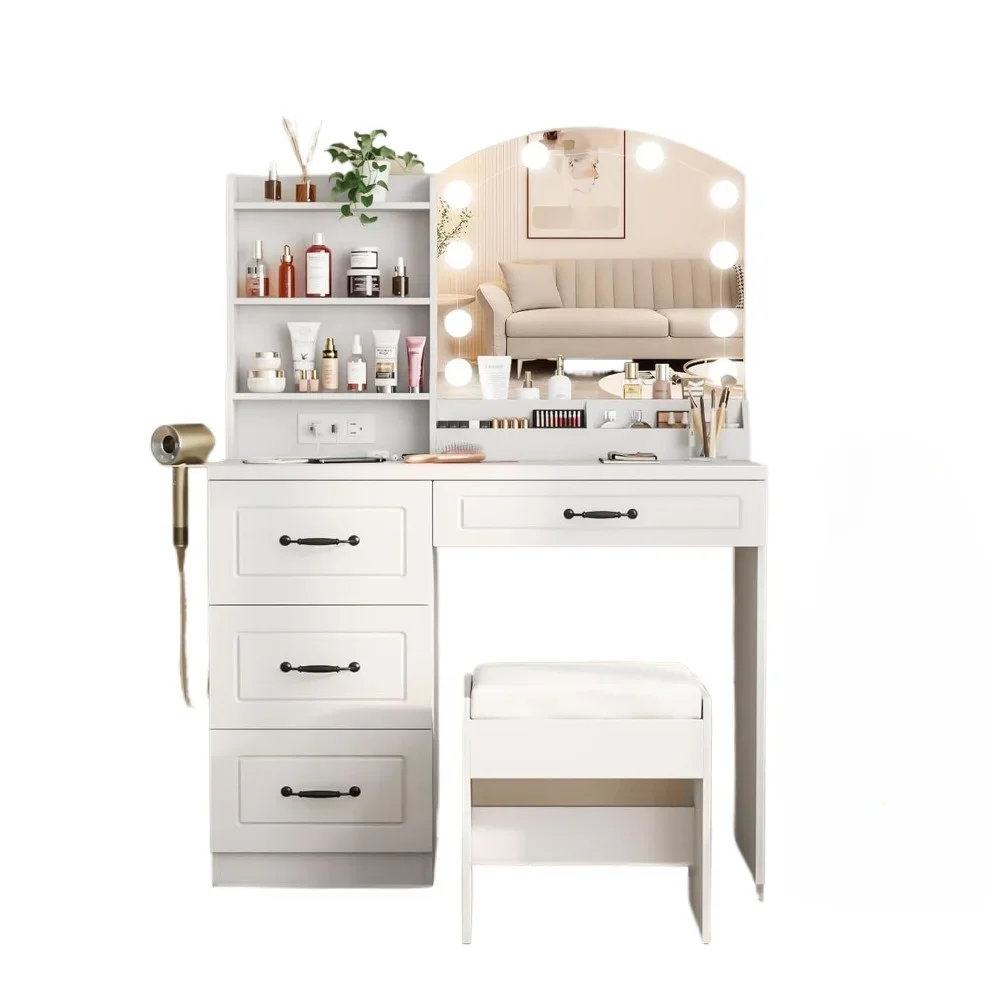 Makeup and dressing table with lights and charging station, white dressing table, 3 lighting modes,39.4”(w) white dressing table