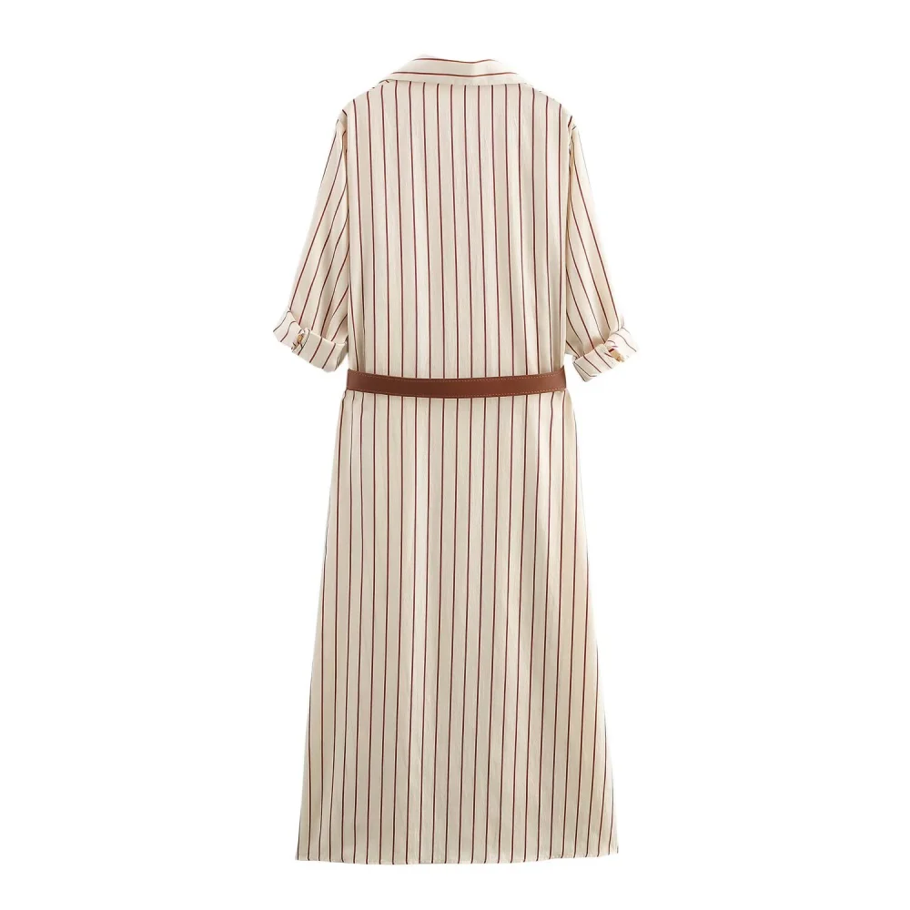 Vestido feminino BM&MD&ZA 2025: camisa listrada estilosa – vestido com detalhes de cinto, ideal para elegância sem esforço