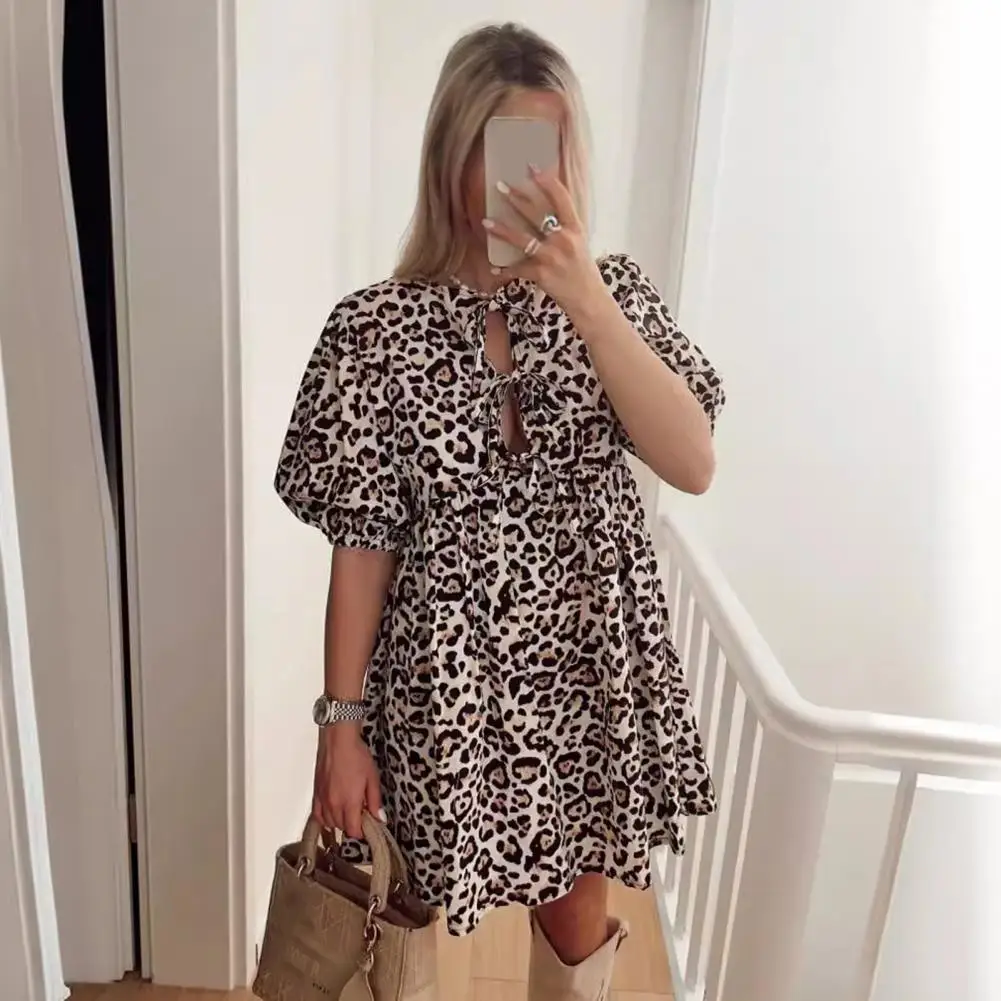 

Leopard Bow Tie A-line Mini Dress Sweet Style Lace-up Puff Sleeve Round Neck Short Dress Pleated Dating Party Dress Vestidos