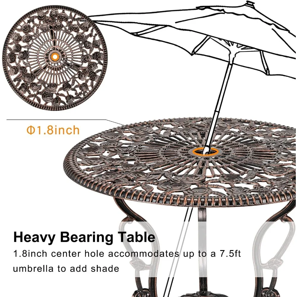 Bistro Table and Chairs Set of 2 Outdoor -3 Piece Outdoor Patio Set, Rose Pattern Cast Bistro Set for Garden Balcony Rose Bronze