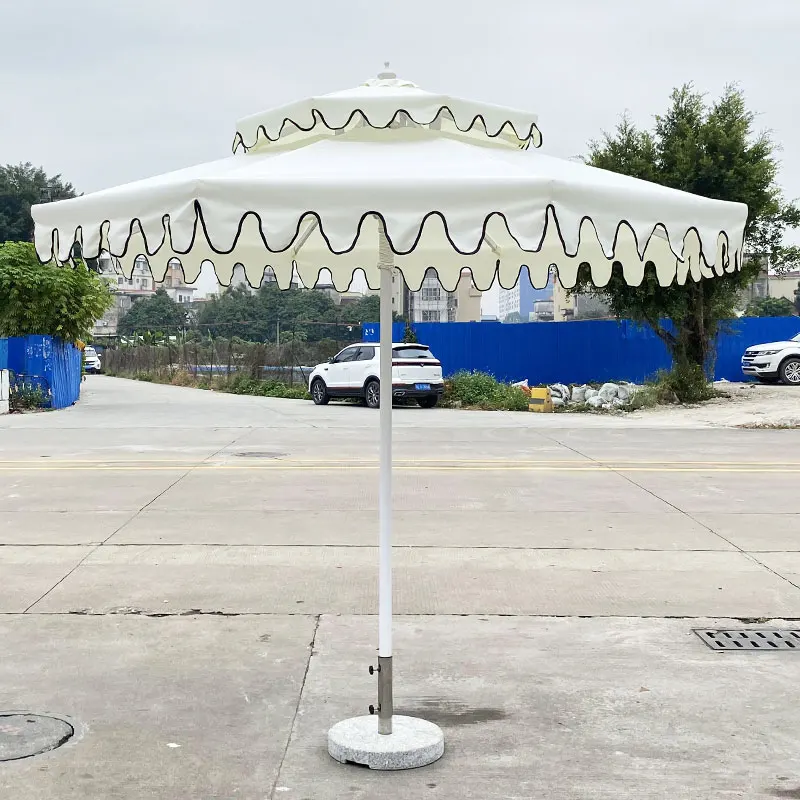 Custom Double Top Aluminum Patio Umbrella With Scallop Sun Garden Fringe For Outdoor Market Beach Or Pool