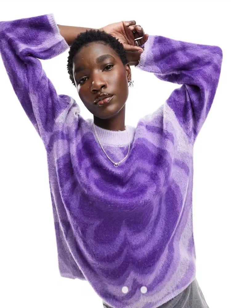 

T Home Длинный вязаный свободный свитер фиолетового цвета с большим цветочным узором D24, женский зимний модный повседневный удобный топ