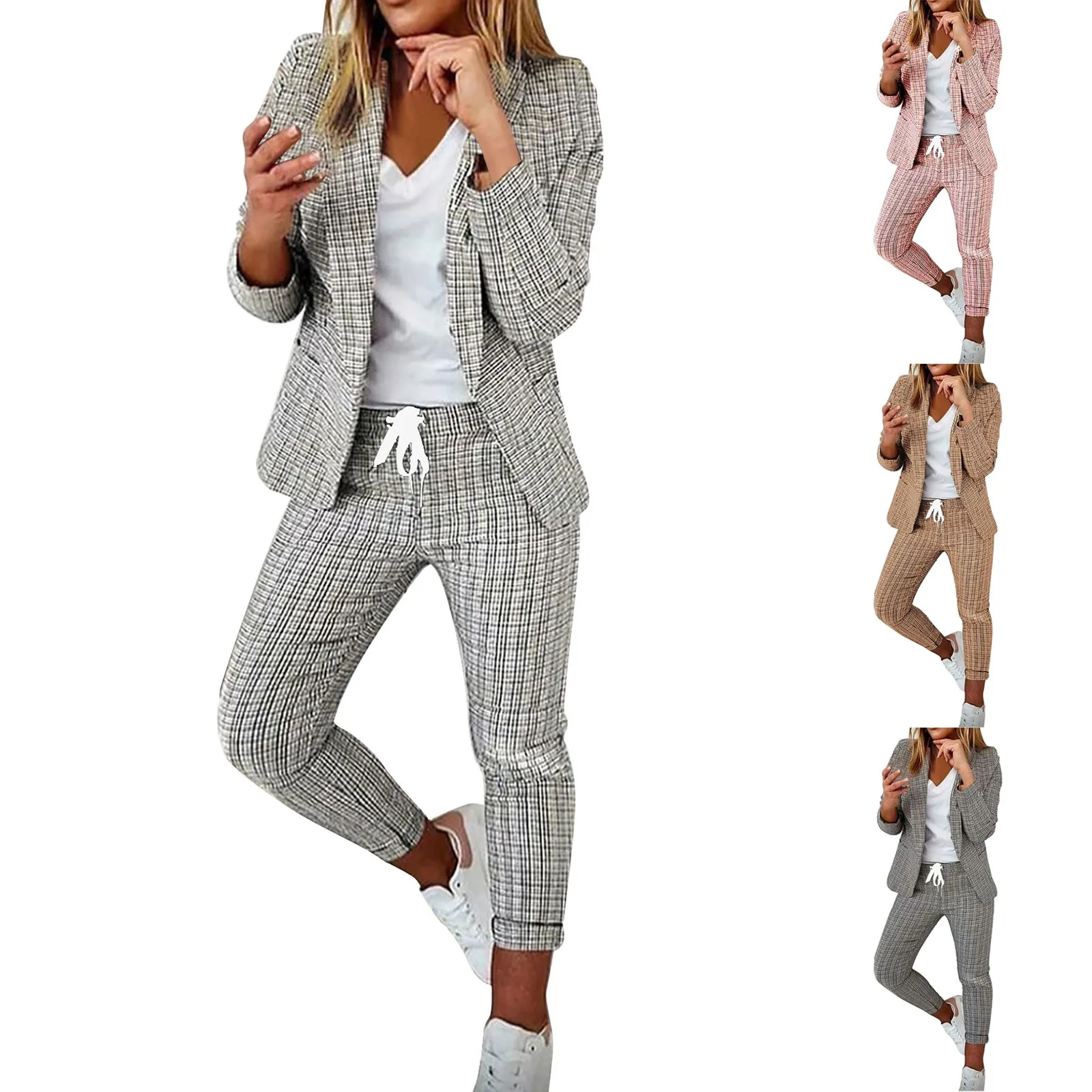 Women Plaid Blazer Set Long Sleeve Notched Lapel Suit With Pants Drawstring Waist Office Casual Two Piece Outfit Pant Sets T1