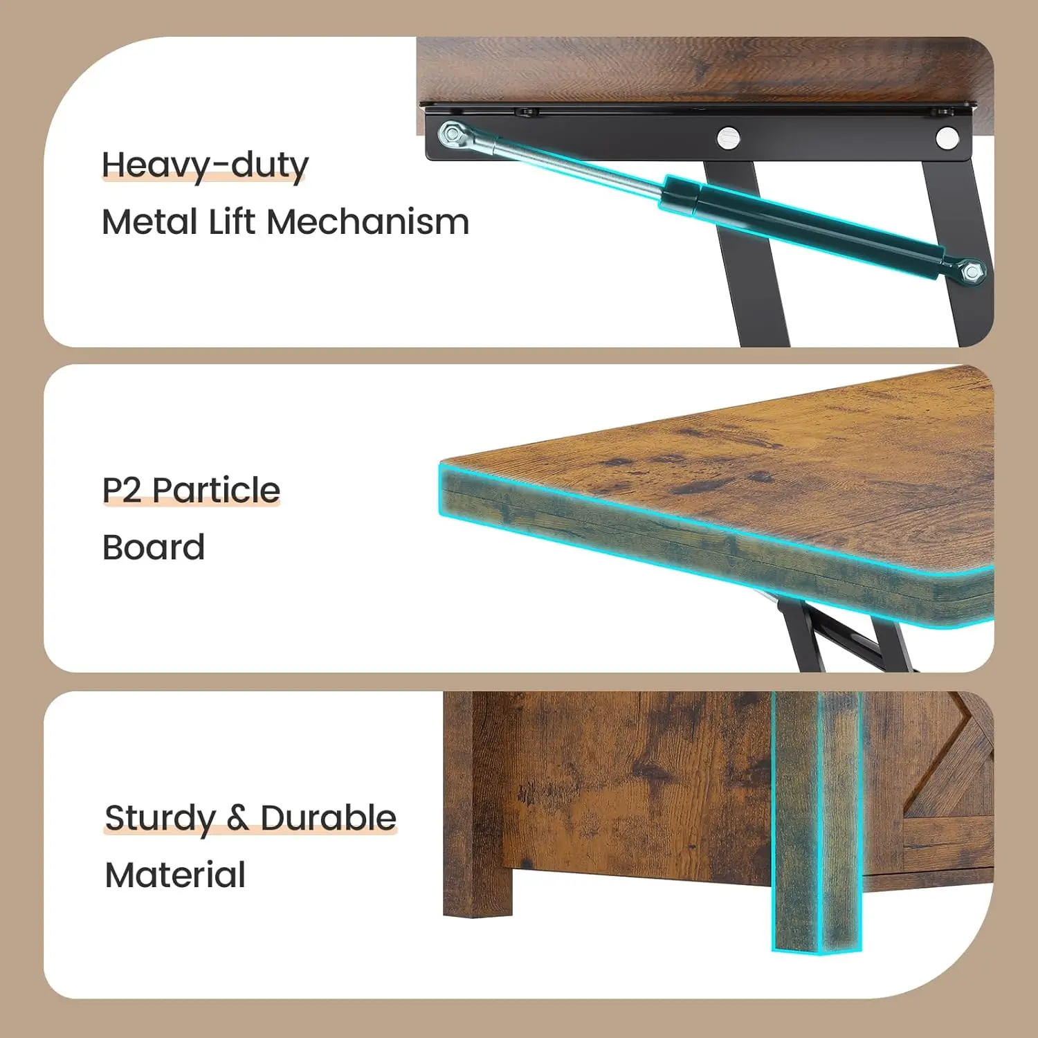 Mesa de centro con tapa elevadora, mesas de centro convertibles y compartimento con almacenamiento 4 en 1 sala de estar oculto para, Marrón rústico