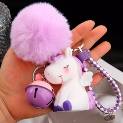 Lovely Unicorn Keychain BB Noisy Unicorn Doll Fur Pom Fluffy Ball Bell Faux Rabbit Hair Key Ring Toy For Women Girls Bag Pendant