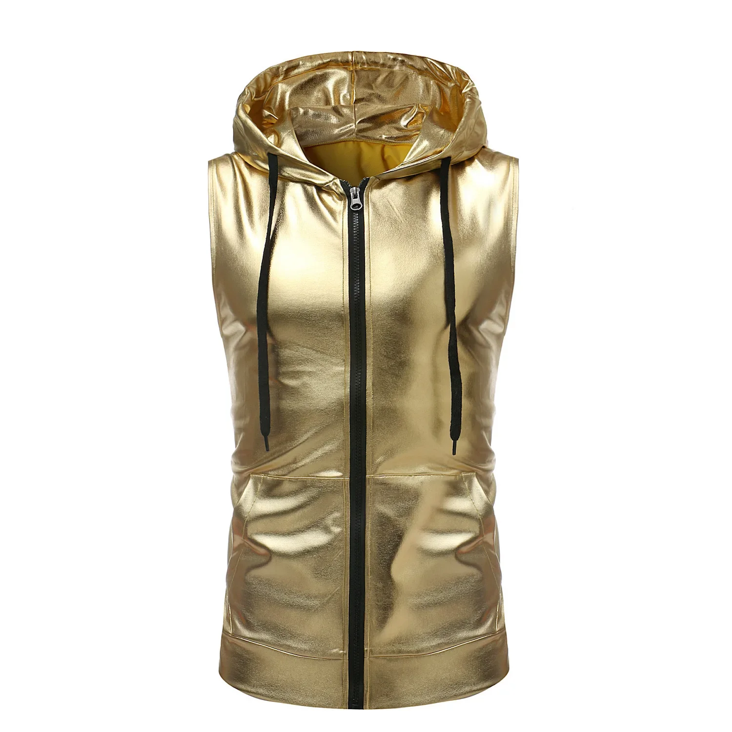 Men 2026 New Gold Silver Black Color Sleeveless Top Summer Fashionable Dance Bright Color Hooded Drawstring Zipper Vest