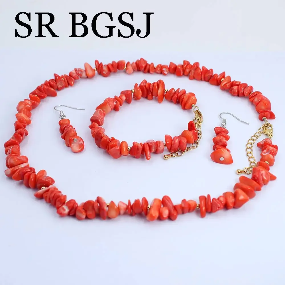 Women  Necklace Bracelet Jewellry Set Orange Natural Sea Bamboo Coral Natural Gems 6-8mm   17inch 7.5inch