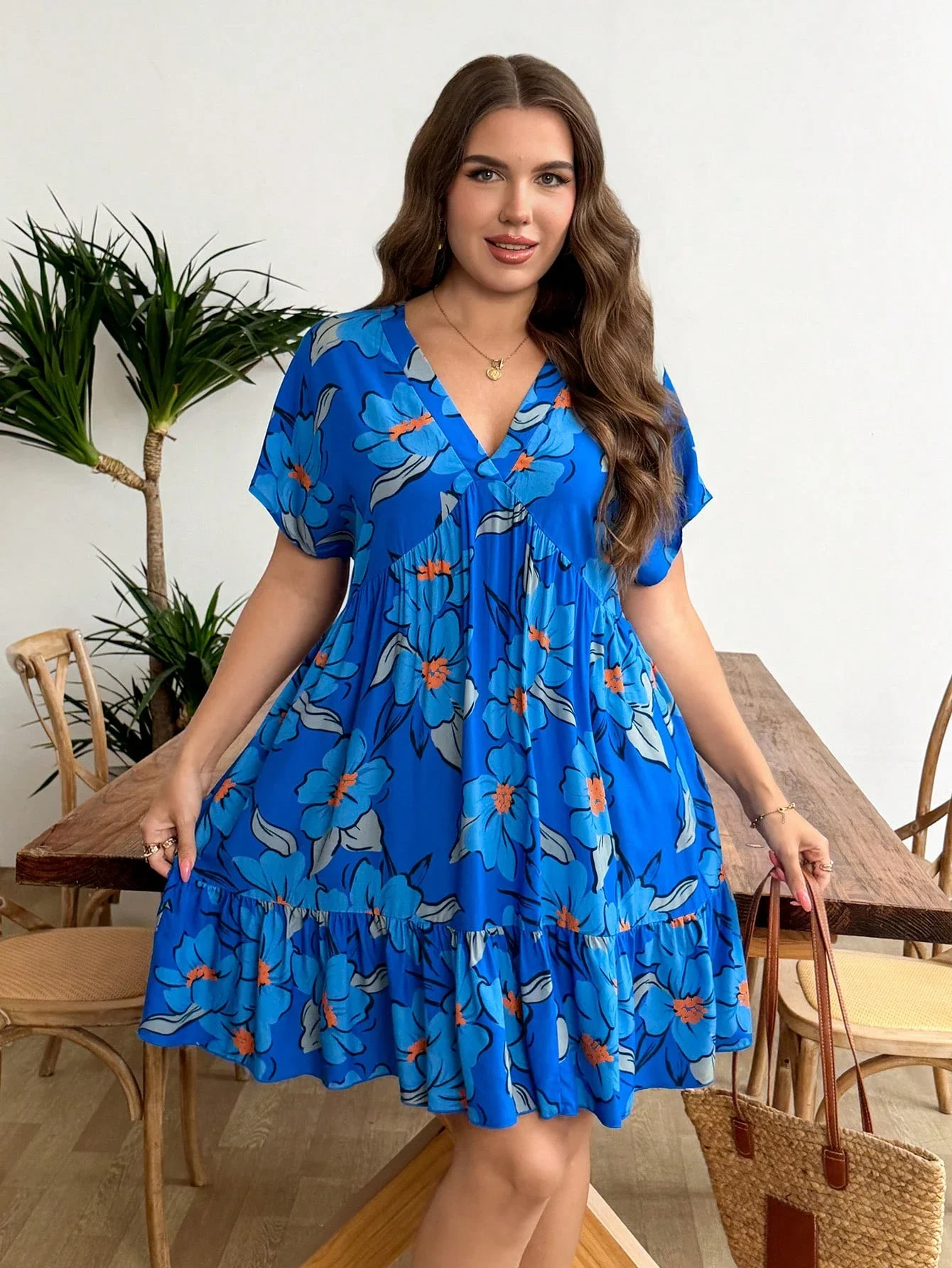 

Синее повседневное платье с цветочным принтом для женщин, пляжный наряд, летнее бохо-платье