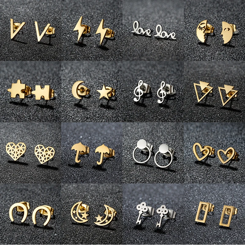 Minimalist Golden Stainless Steel Earrings Women Fashion Jigsaw Lightning Umbrella Earings Horseshoe U Shaped Studs Ear Jewelry