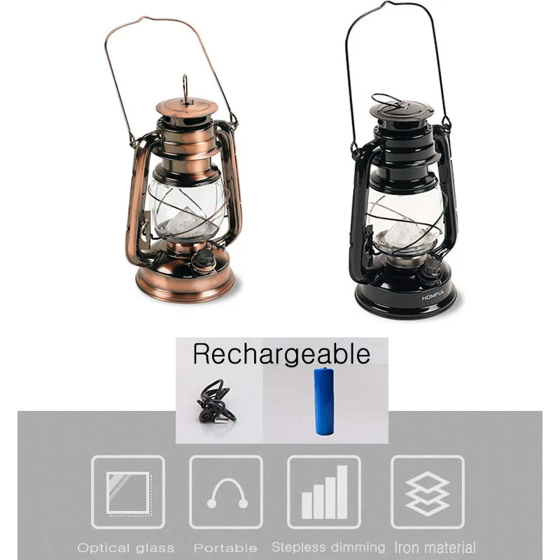 Vintage Camping Lantern Light Battery Rechargeable USB LED Outdoor Portable Lantern Stepless Dimming Tent Fishing Kerosene Lamp