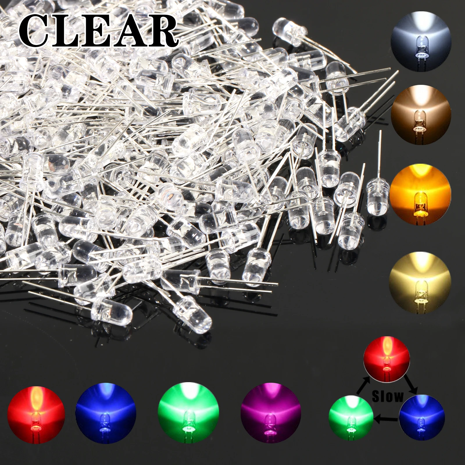 5mm LED Diodes Assortment Kit Light Emitting F5 White Green Red Blue Yellow Orange