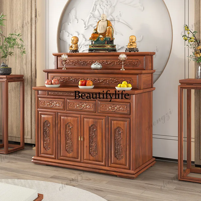Simple solid wood tribute platform, shrine table cabinet, three-layer Tibetan Buddha table, ladder supply table