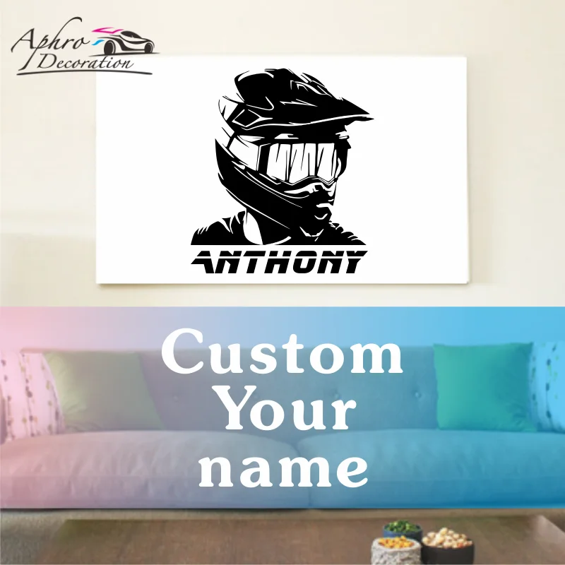 Pegatinas de pared de motocicleta con nombre personalizado, calcomanías de casco de juegos de bicicleta de carreras de Motocross, decoración artística de pared para habitación de niños para el hogar, regalo