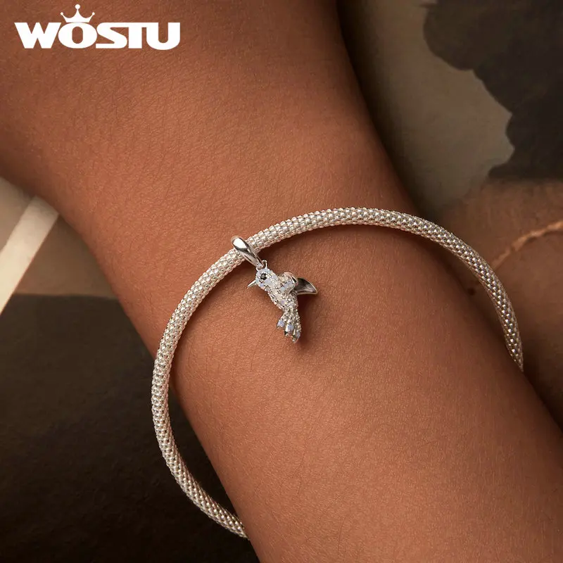 WOSTU 925 Sterling Silver Blue Chameleon Charm Tooth Toothbrush Pendant octopus kingfisher Bird Beads Fit DIY Bracelets Necklace