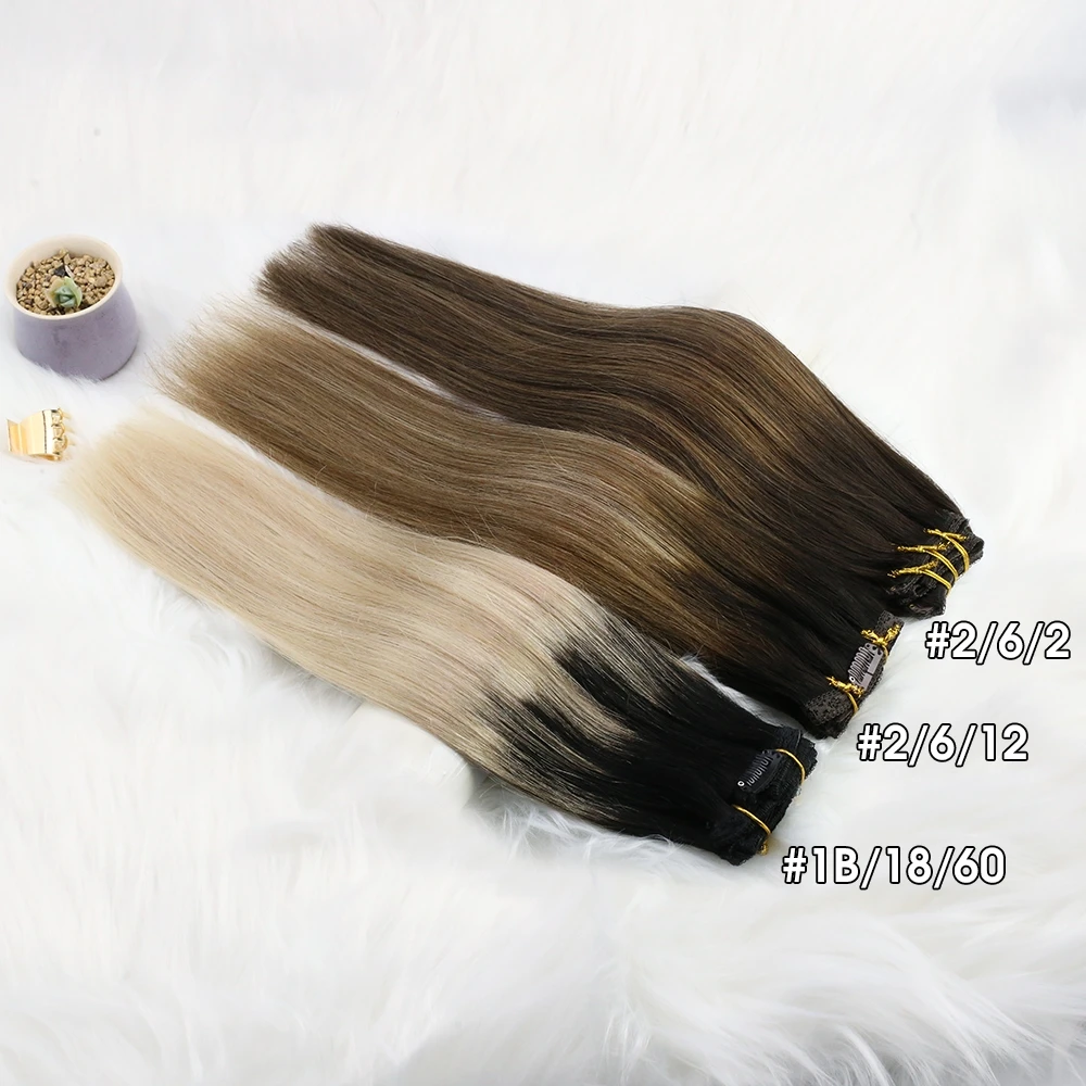 Ugeat คลิปในส่วนขยายของผมมนุษย์ผม Real Remy ผมไฮไลท์สีบลอนด์สี Full Head Balayage Bralizian Hair Extensions 7 ชิ้น