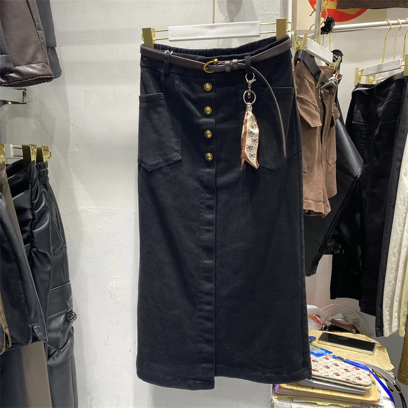 

Buckle design washed cotton casual bag hip skirt for women's autumn new rear slit loose straight tube mid length skirt