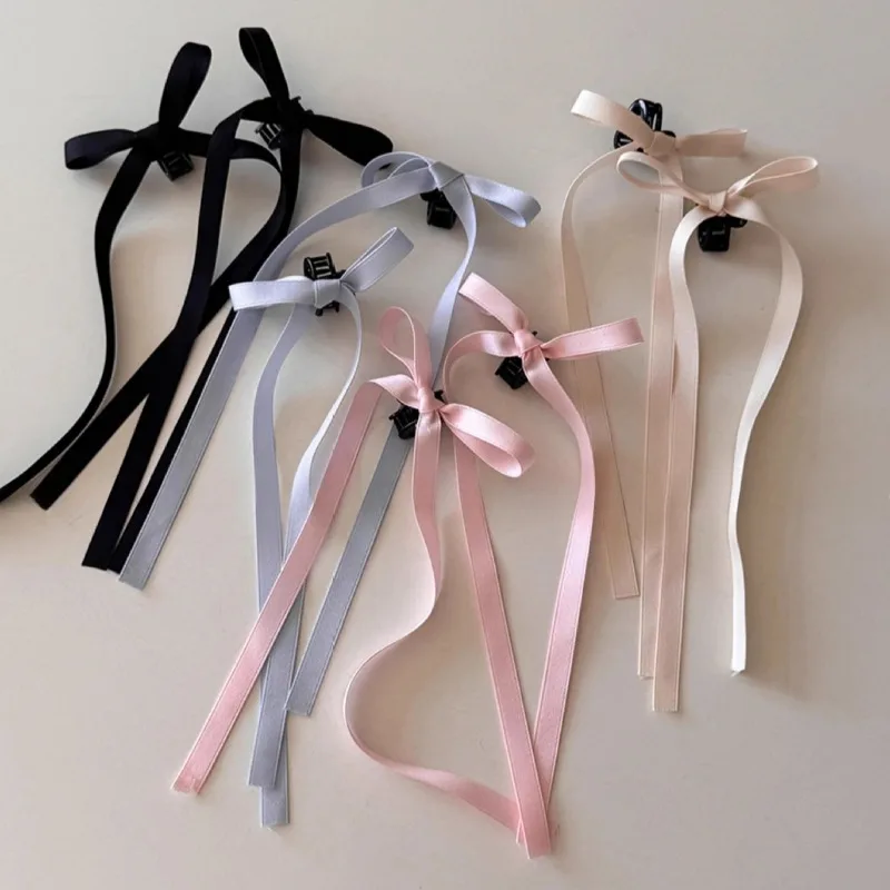 2Pcs Y2K Long Bow Hair Clip Women Girls Ribbon Bow Shark Clip Cute Korean Long Tassel Ribbon Hairpin Girls Hair Accessories 머리핀