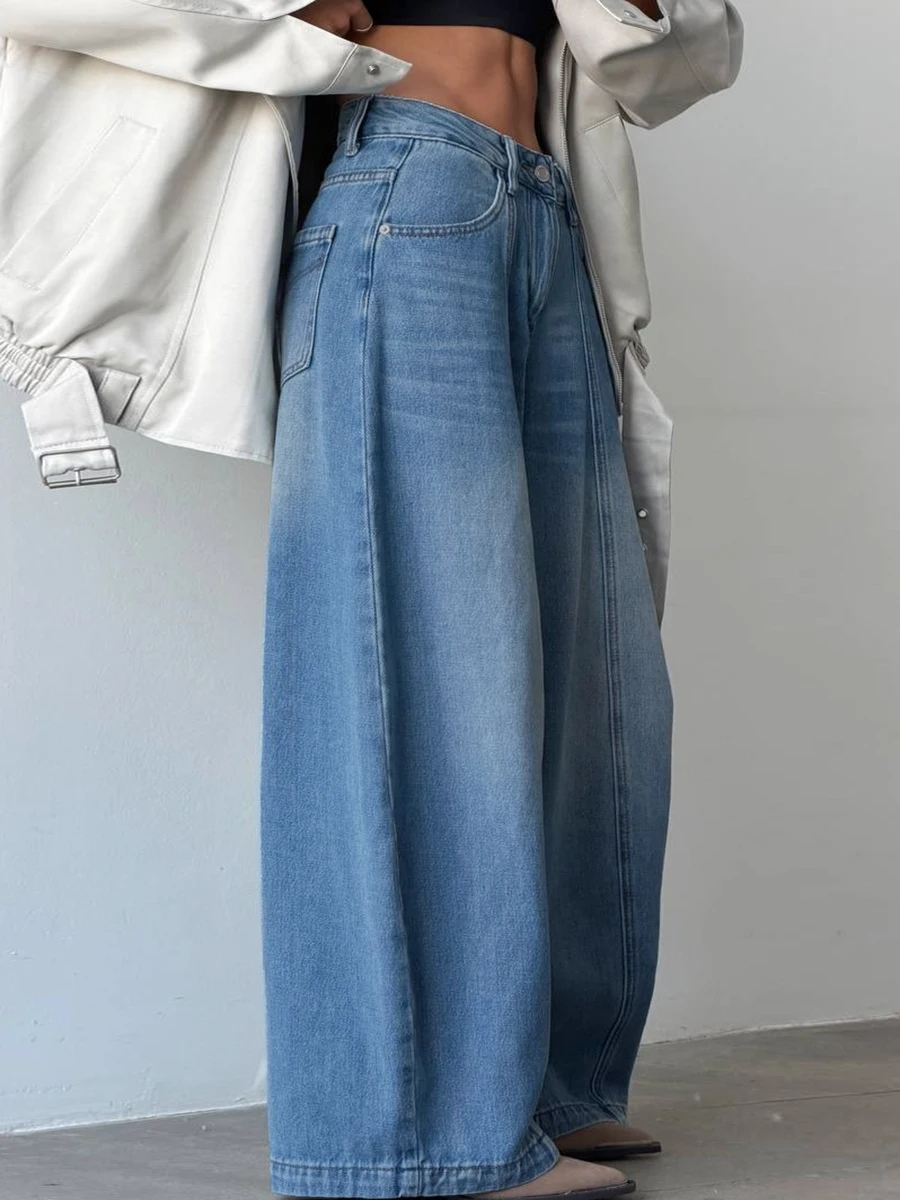 Wolfeel Women's Fashionable Temperament Wide Leg Jeans Classic Pocket Button Zipper Pants Suitable for Minimalist Street Wear