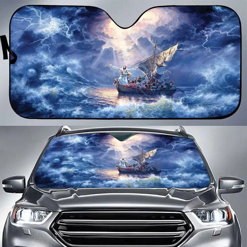 Blue Lion My Savior Driving Car Sunshade Jesus Is My Savior Lion Jesus Believer Gift Windshield Sunshade Oxford Cloth