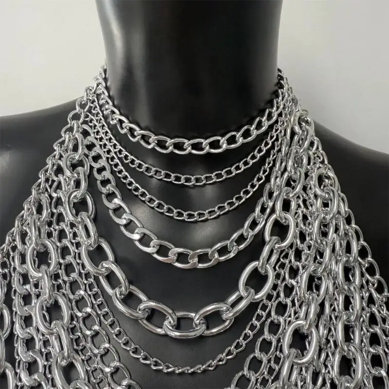 39BC Punk Theme Body Chain Metallic Chest Chain Tassels Necklace Women Body Jewelry