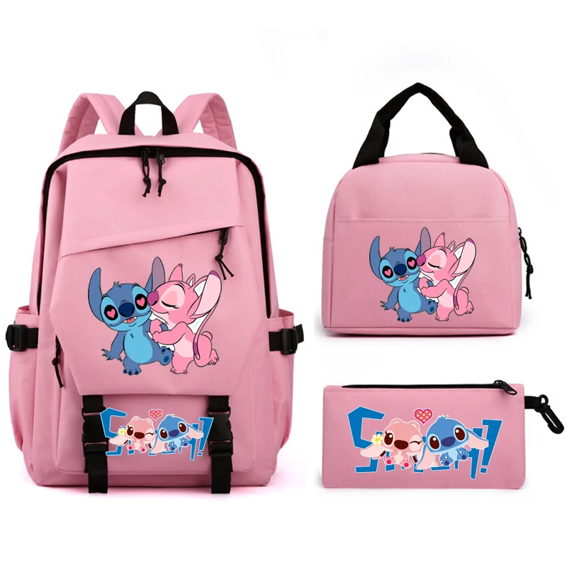 Lilo plecak z motywem Stitch 3 szt. Różowa urocza kreskówka proste lekkie torby szkolne z torbami na Lunch + piórnik Junior Mochilas