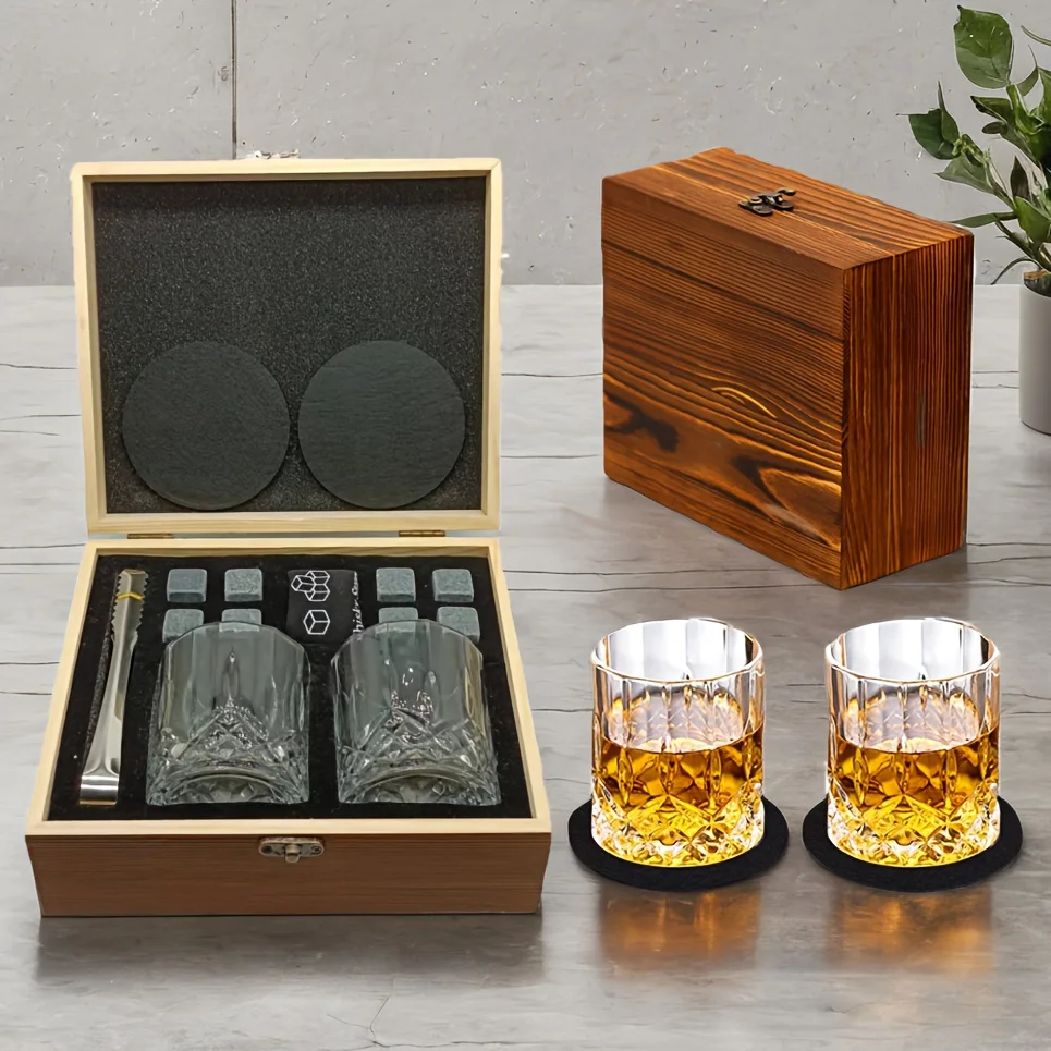 

Whiskey Glass Set with Wooden Box 2 Glasses and Ice Stones Luxury Gift Box