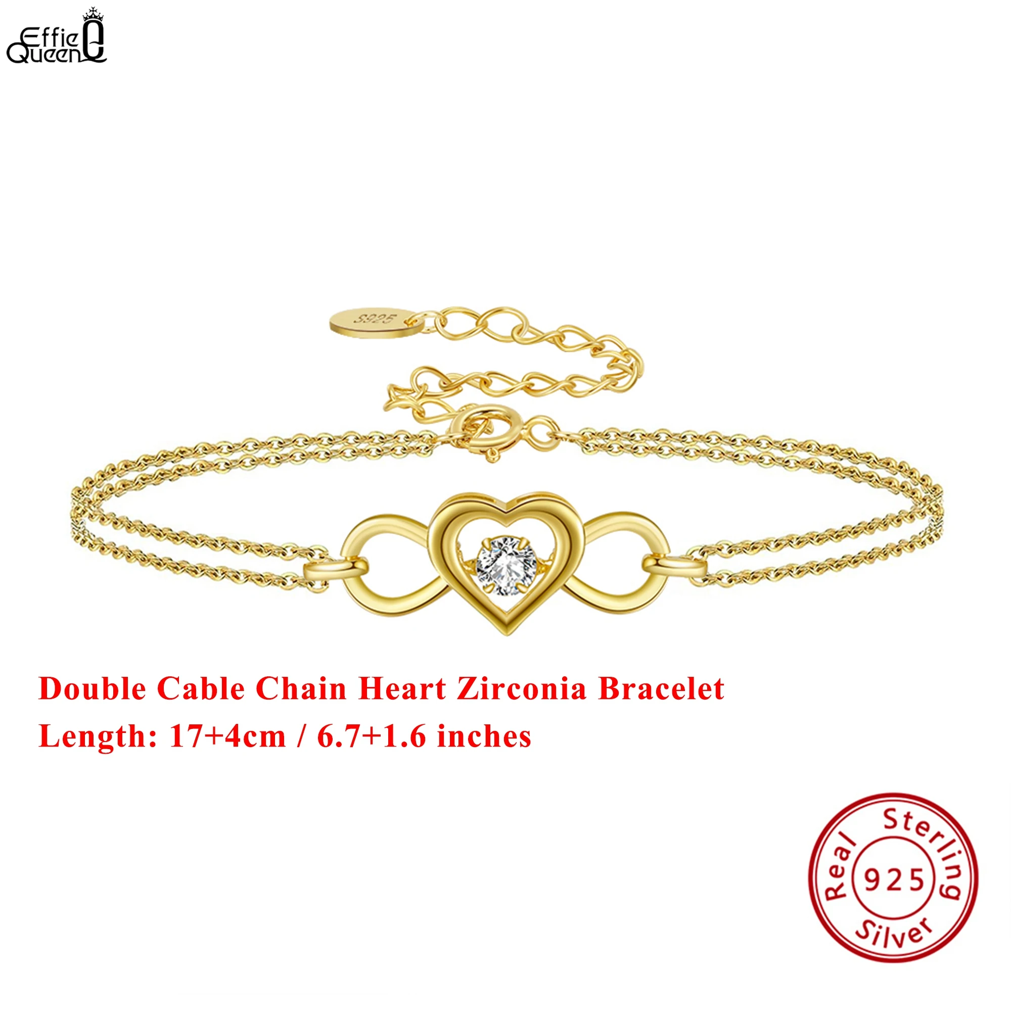 

EFFIE QUEEN, натуральное серебро 925 пробы, золото 14 карат, браслет-цепочка с цирконием в форме сердца, романтический подарок для свадебной вечеринки для женщин SB135