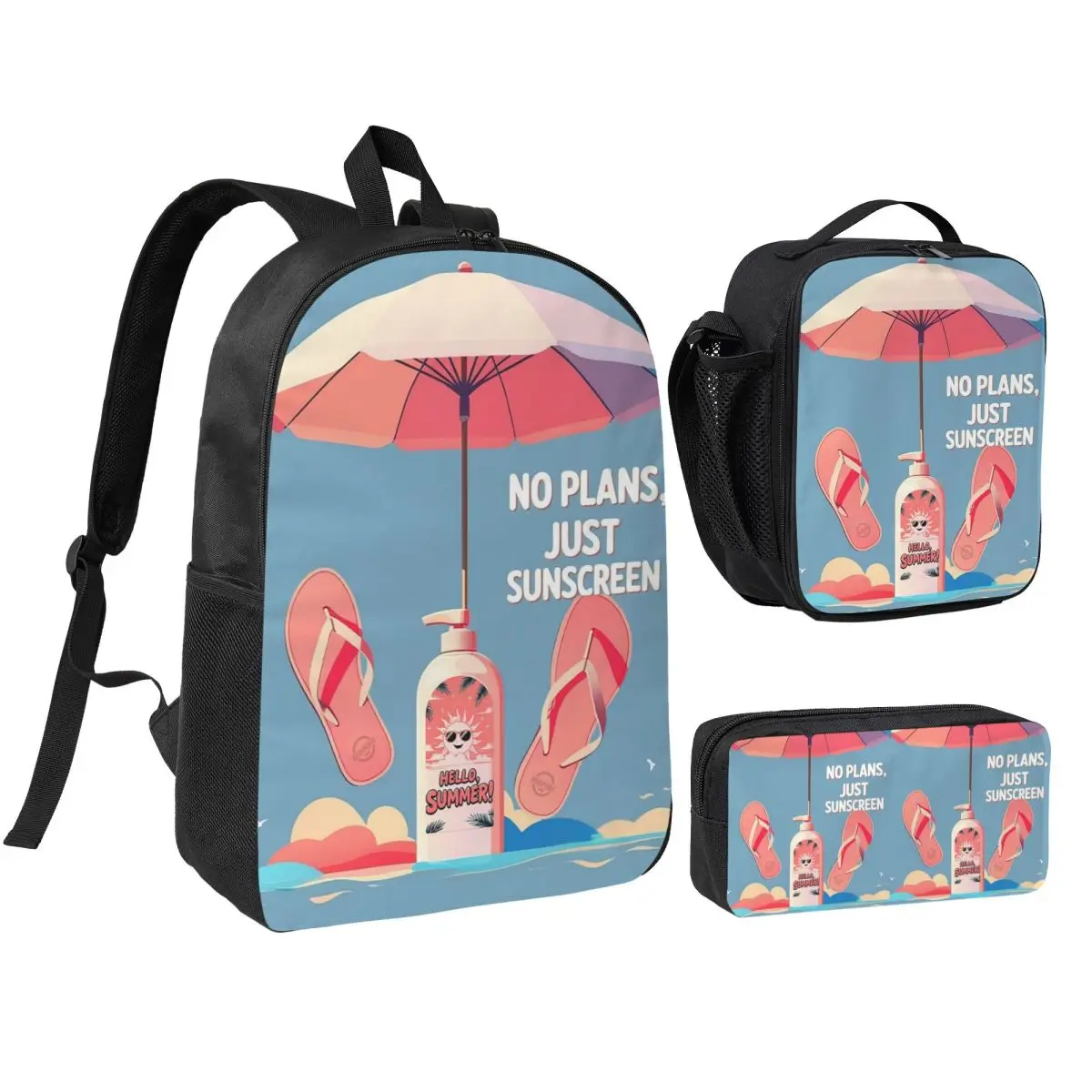 Summer Sun Protection Beach Backpack Boys Girls BookBag School Bag Shoulder Bags 3ps Insulated Lunch Bag Pencil Case