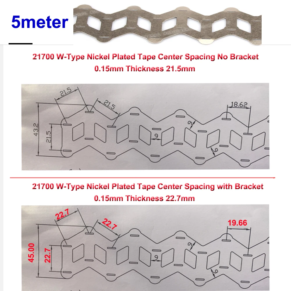 5 m 21700 Streifen aus reinem Nickel, 0,15/0,2 mm Mittelaufstand, 21,5/23,4 mm, schräger W-Typ-Streifen aus reinem Nickel, Punktschweiß-Lithiumbatterien