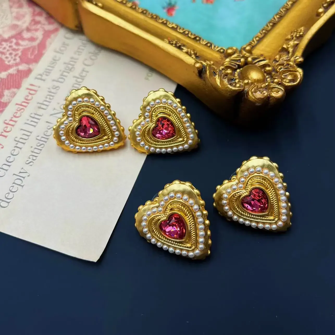 Super Sweet Beautiful Girl Heart-Shaped Mid-Ancient Ornament Vintage Pearl Earrings Pink Memories Standard Ear Studs Ear Clip