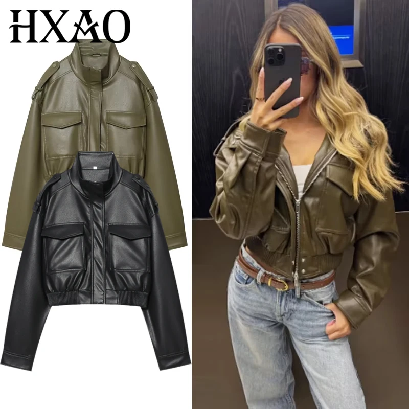 

HXAO Women's Leather Jacket 2025 Pu Green Bomber Jacket Crop Zip-Up Long Sleeve Top High Neck Pockets Outerwears Varsity Jacket