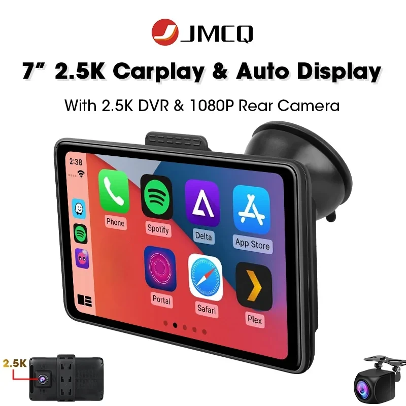 

JMCQ 7 inch 2.5K DVR & 1080P Rear View Camera Universal Wireless Carplay & Android Auto CarRadio Multimedia Player Head Unit AUX