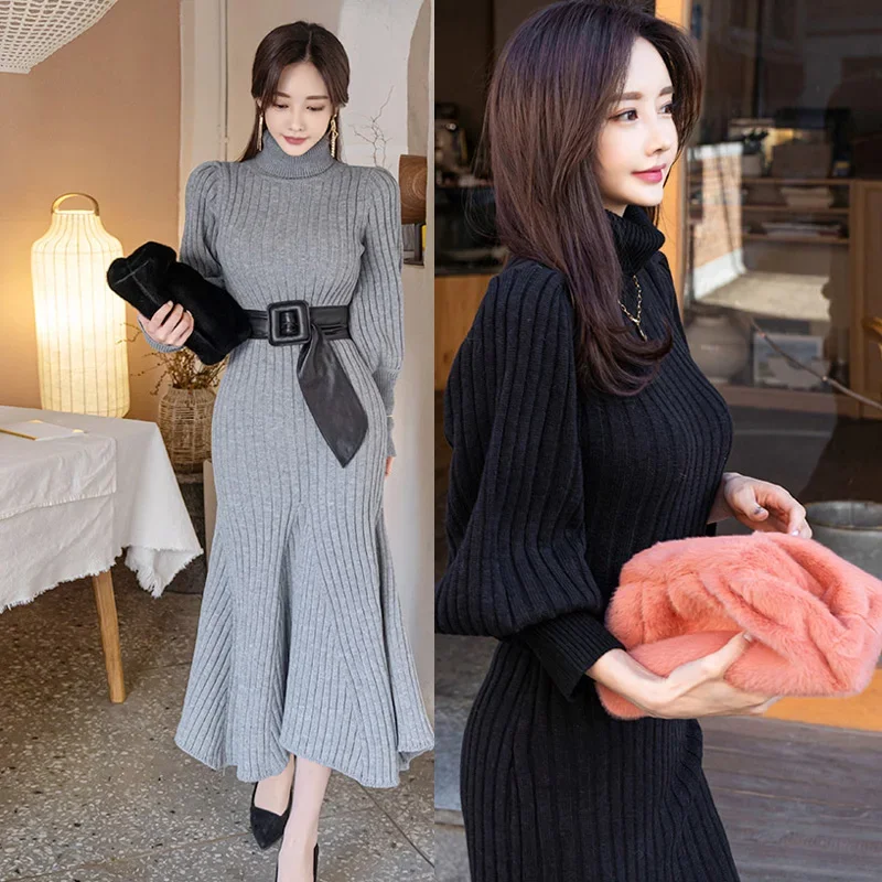 Fashion Autumn and Winter 2023 New Korean Style High Collar Slim Long Sleeve Frenulum Jersey Thick Midi Dress Women\'s Fashion