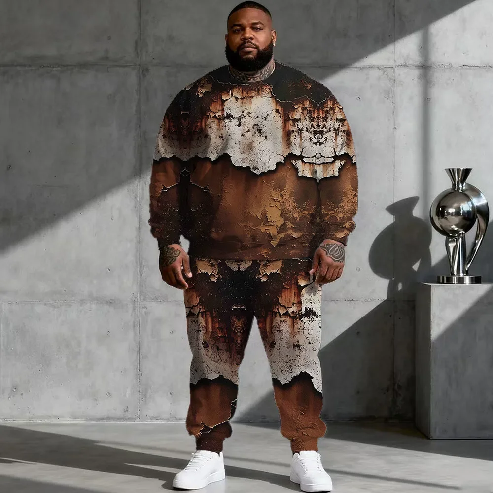 Men's Plus Size Crewneck Sweatshirt and Joggers Set, Rust Brown Distressed Effect Print with Mottled Marks and Cracks S-9XL