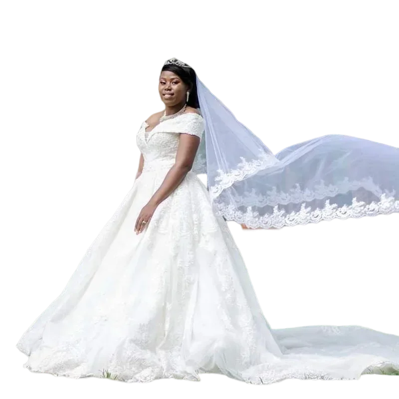 Personalizado lindo laço apliques vestido de baile vestidos de casamento princesa fora do ombro casamento rendas voltar vestidos de noiva