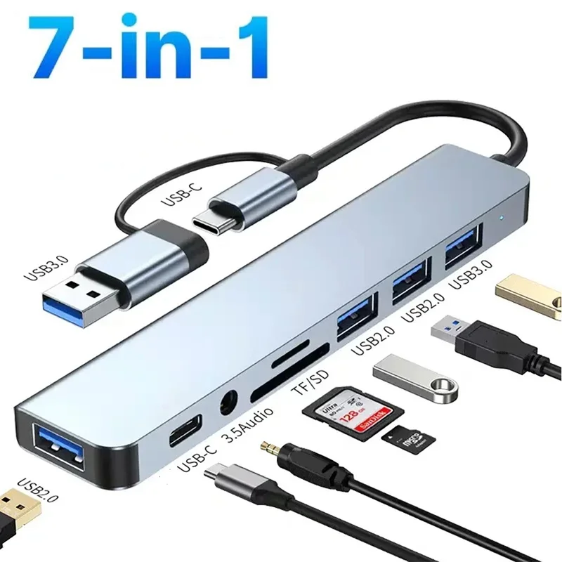 7-in-1 USB 3.0 HUB Typ C USB-A Hub Splitter 7-Port USB3.0 mit USB-C Hochgeschwindigkeits-Datenübertragungsadapter für PC-Laptop-Zubehör