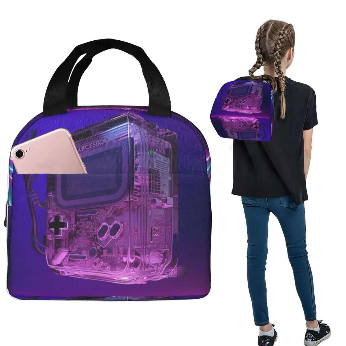 Fluorescent Neon Games Console Insulated Lunch Bag for Women Children Portable Food Boxes Thermal Lunch Box Tote