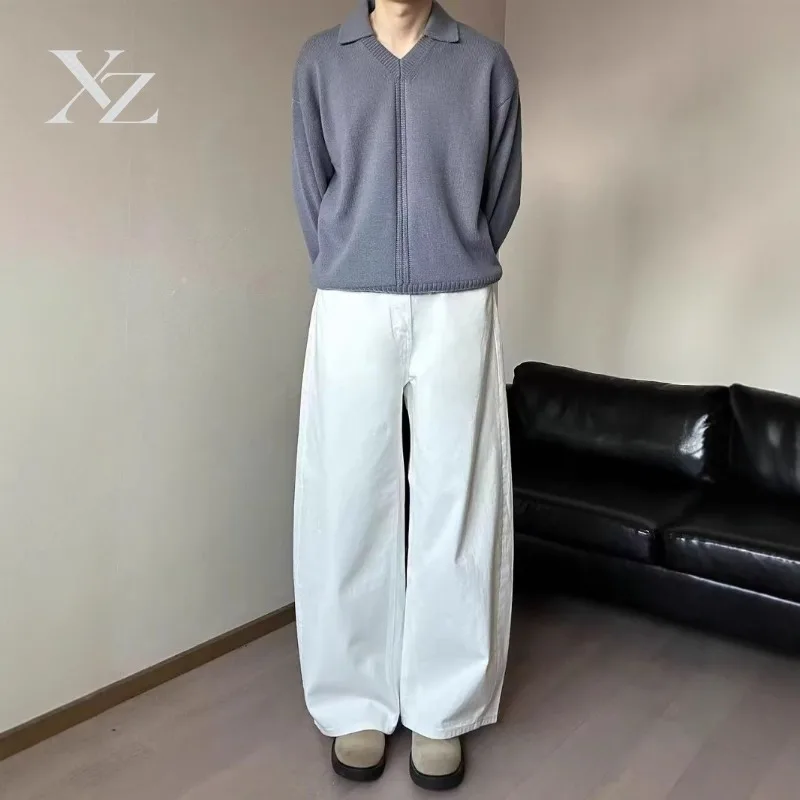 Opening Sale |Men High Waist White Wide Leg Jeans Non Stretch Baggy Length Loose Fit Casual Straight Denim Trousers Daily Street - view 2