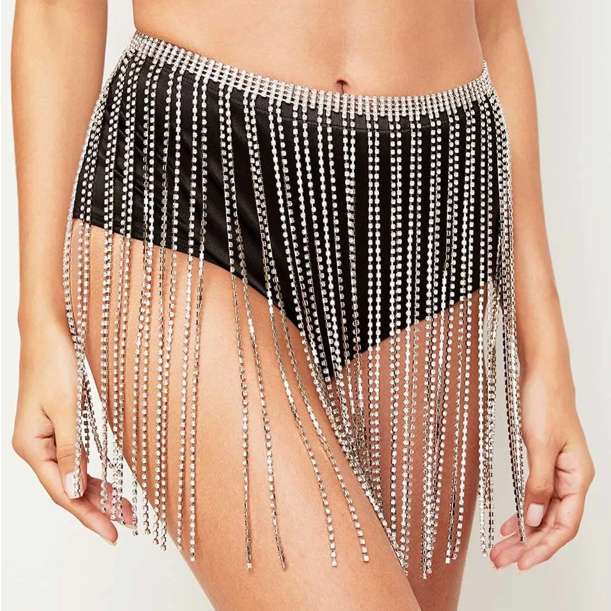 

1pc/Women's Rhinestone Body Chain Skirt, Faux Pearl Tassel Waist Belt, Fashion Party Accessory, Shiny Sparkling Design