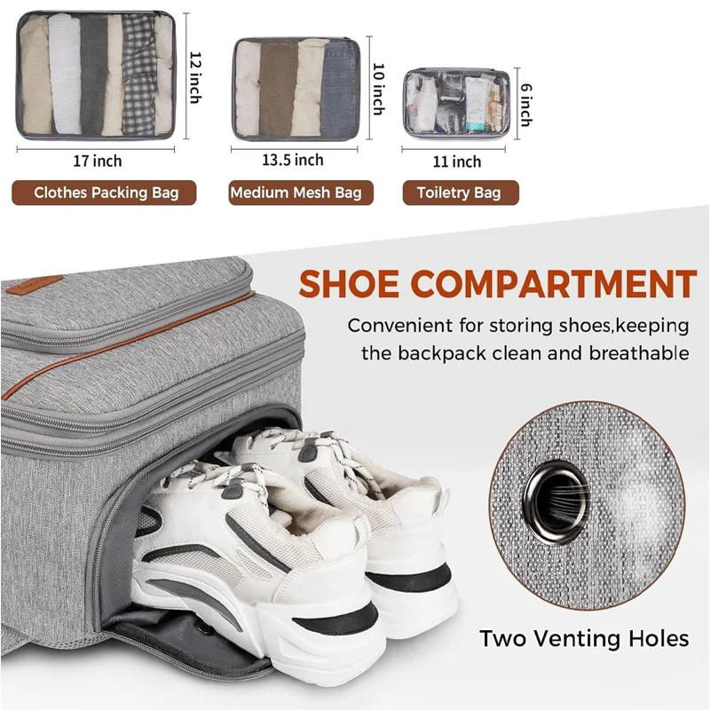 حقيبة ظهر للحمل، حقيبة ظهر للسفر معتمدة من الطيران مع 3 مكعبات تعبئة، حقيبة سفر كبيرة قابلة للتوسيع سعة 40 لتر تناسب الكمبيوتر المحمول مقاس 17.3 بوصة، النمل