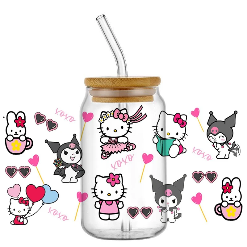 Miniso Hello Kitty Kuromi with Friend Design Washable UV DTF Cup Wrap for 16oz Libbey DIY Mug Waterproof Transfer Sticker